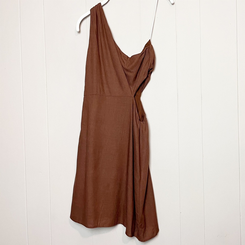 Billy J NWT Cleo Mini Dress 6 Brown One Shoulder Cutout Linen Blend Minimalist - Picture 8 of 13